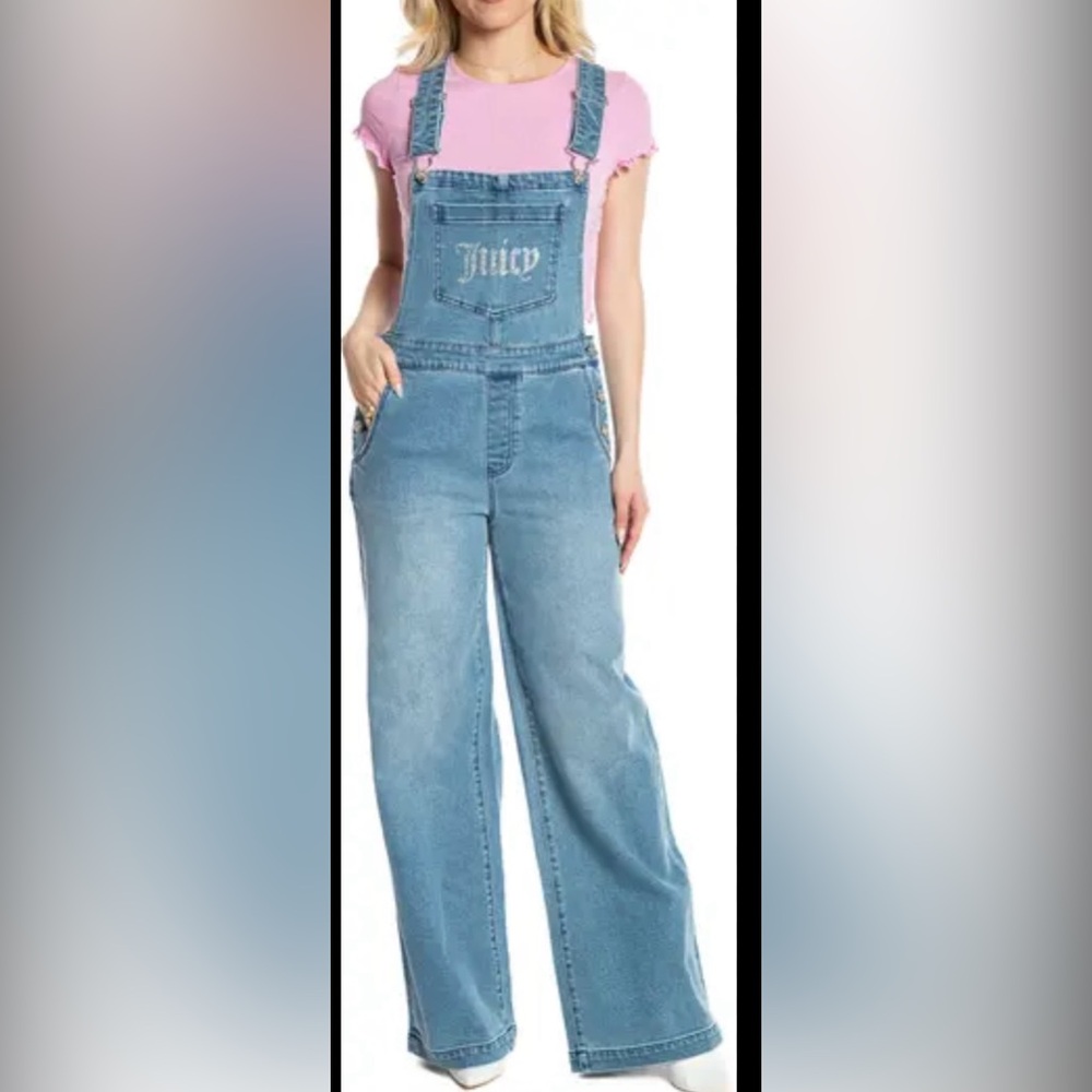 Juicy Couture Overalls Women Small Light Blue Rhinestone Denim‎ Wide Leg NWT